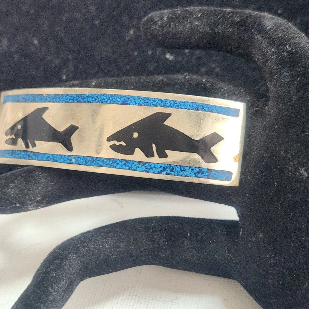 Vtg Mexico Silver Turquoise Chip Inlay Fish Hair Barrette Clip Made In France